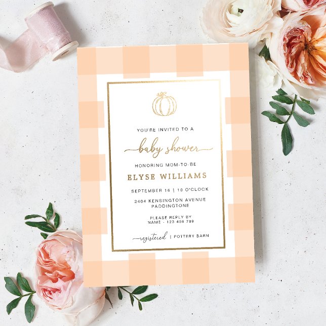 Pumpkin Peach Gingham Baby Shower Foil Invitation (Creator Uploaded)