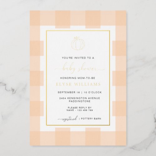 Pumpkin Peach Gingham Baby Shower Foil Invitation