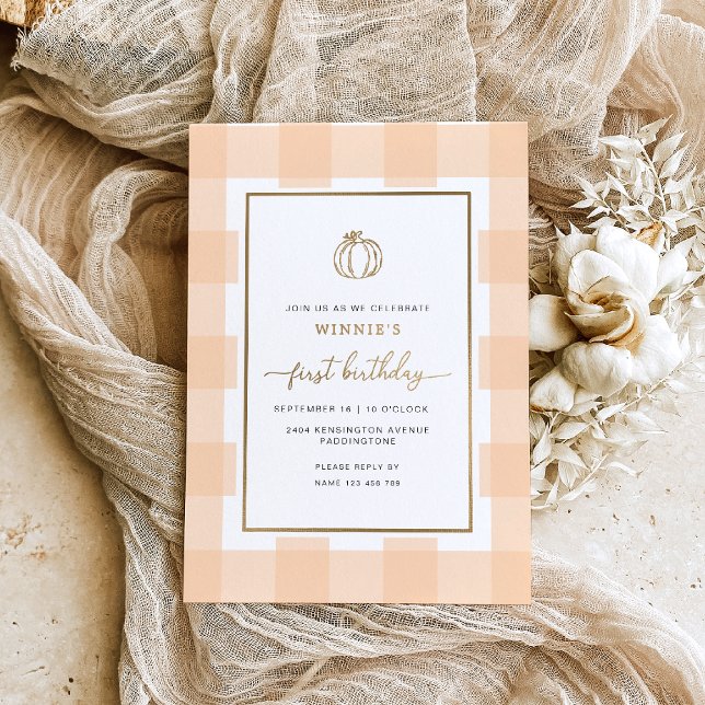 Pumpkin Peach Gingham Birthday Foil Invitation (Creator Uploaded)