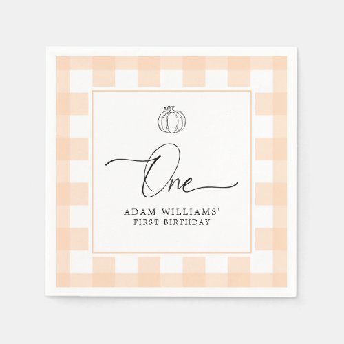 Pumpkin Peach Gingham First Birthday Paper Napkin