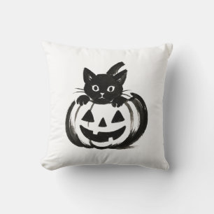 Pumpkin Peek – Black Cat Halloween Design on Throw Pillow