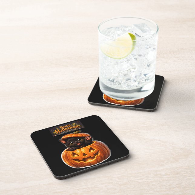 Pumpkin peeking kitty whimsical happy Halloween Beverage Coaster (Right Side)