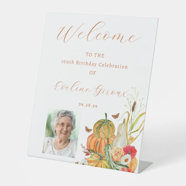 Pumpkin Photo 100th Birthday Fall Welcome Sign (Front)