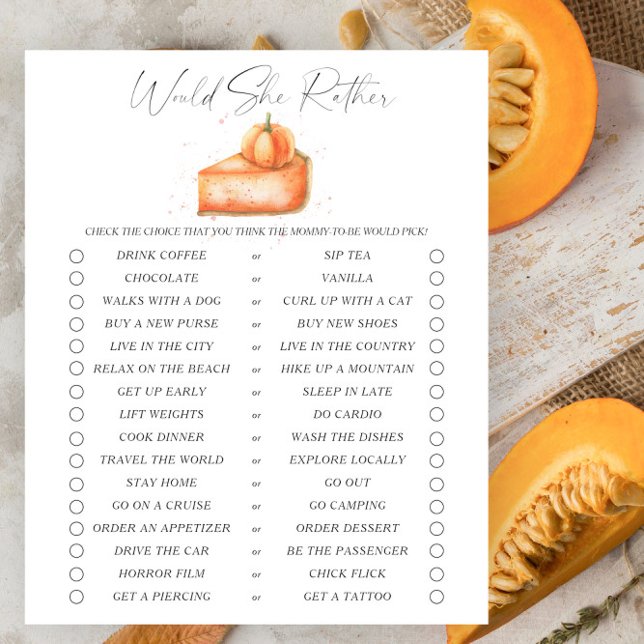 Pumpkin pie baby shower Would She Rather game (Creator Uploaded)