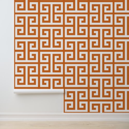 Pumpkin Pie Orange and White Large Greek Key Wallpaper