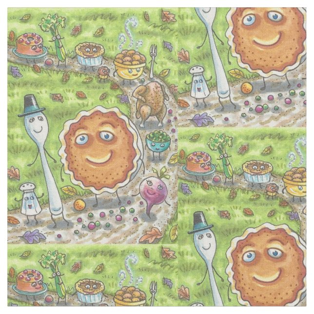 PUMPKIN PIE PARADE TURKEY FOOD THANKSGIVING FABRIC (Close Up)