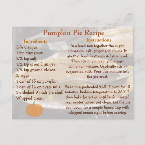 Pumpkin Pie Recipe Card