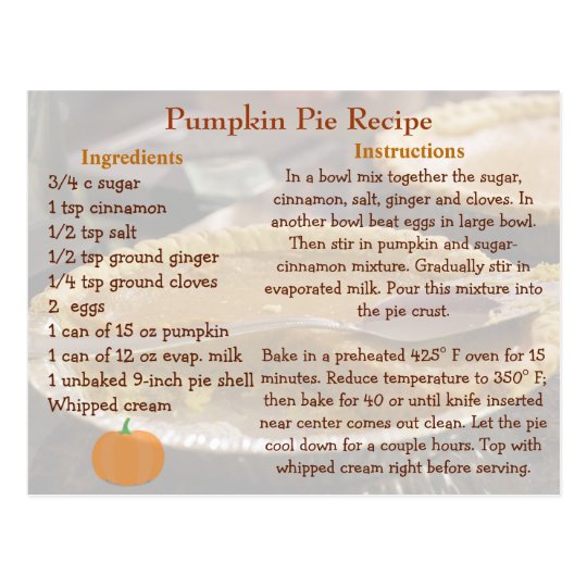 Pumpkin Pie Recipe Card Zazzle