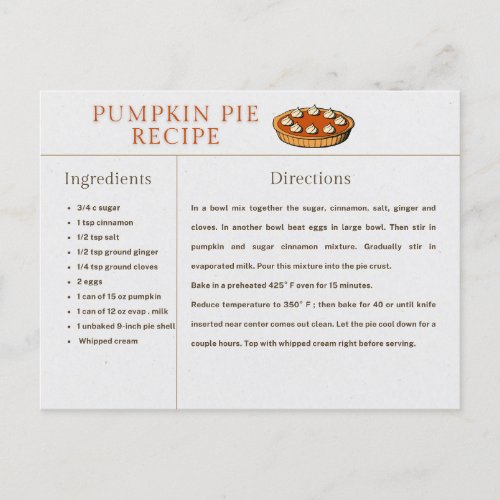 Pumpkin Pie Recipe Card Thanksgiving and Christmas