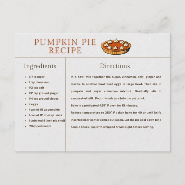 Pumpkin Pie Recipe Card Thanksgiving and Christmas (Front)