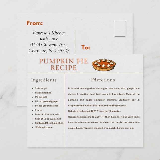 Pumpkin Pie Recipe Card Thanksgiving and Christmas (Front/Back)