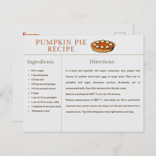 Pumpkin Pie Recipe Card Thanksgiving and Christmas