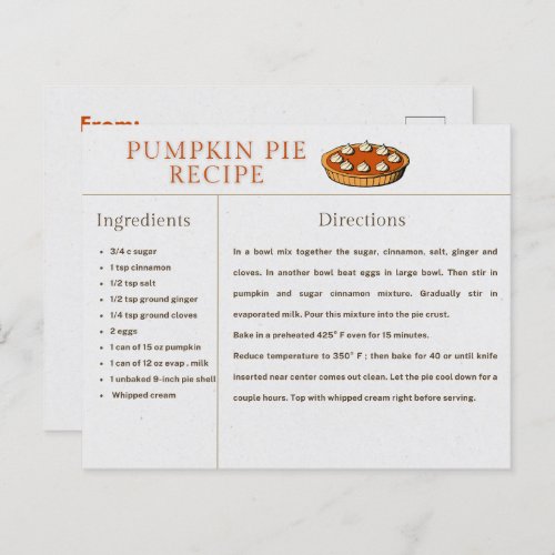 Pumpkin Pie Recipe Card Thanksgiving and Christmas