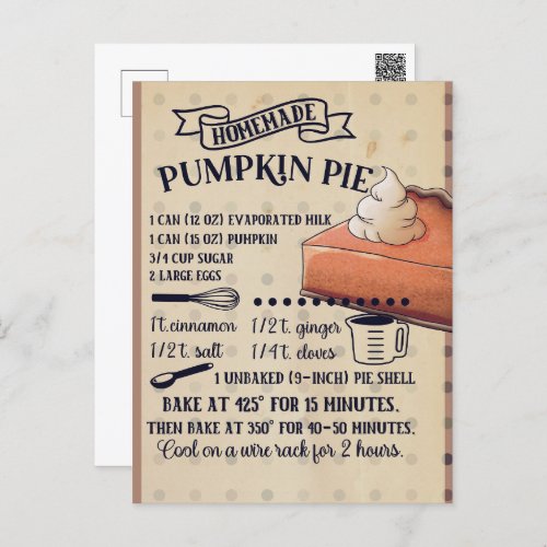 Pumpkin Pie Thanksgiving Recipe Postcard