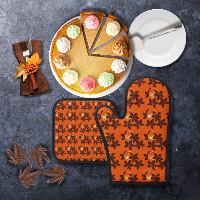 Pumpkin pies and chocolate leaves orange oven mitt & pot holder set (Creator Uploaded)