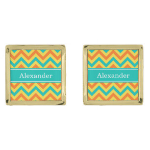 Pumpkin Pineapple Teal LG Chevron ZigZag Monogram Gold Cufflinks