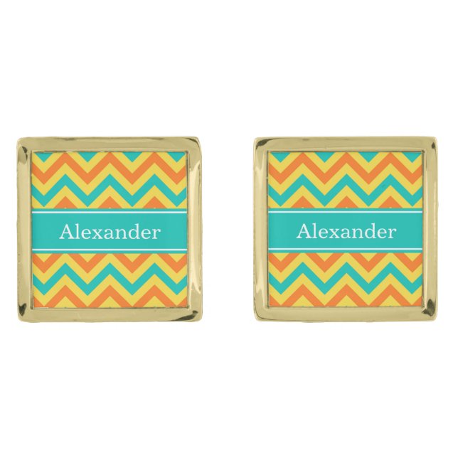 Pumpkin Pineapple Teal LG Chevron ZigZag Monogram Gold Cufflinks (Front)