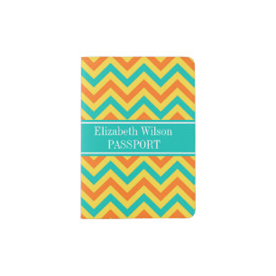 Pumpkin Pineapple Teal LG Chevron ZigZag Monogram Passport Holder
