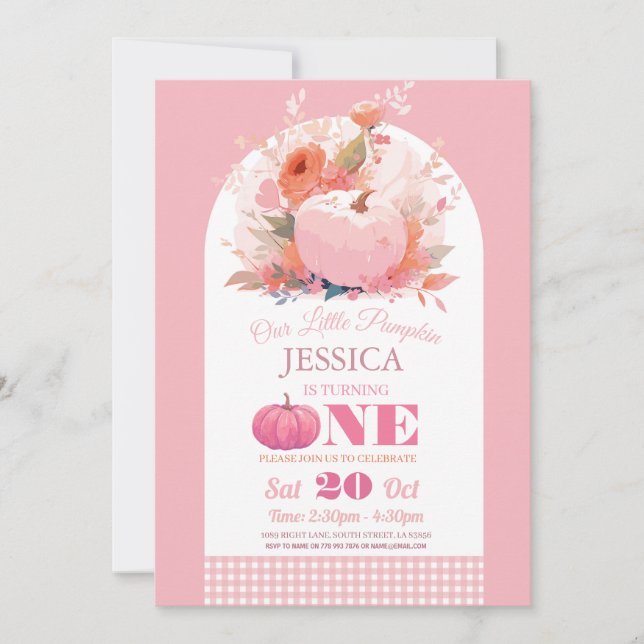 Pumpkin Pink 1st One Birthday Girls Autumn Fall Invitation (Front)