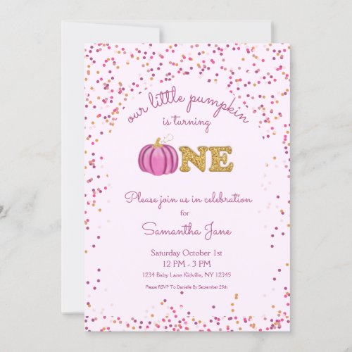 Pumpkin Pink and Gold Girl 1st Birthday Confetti Invitation