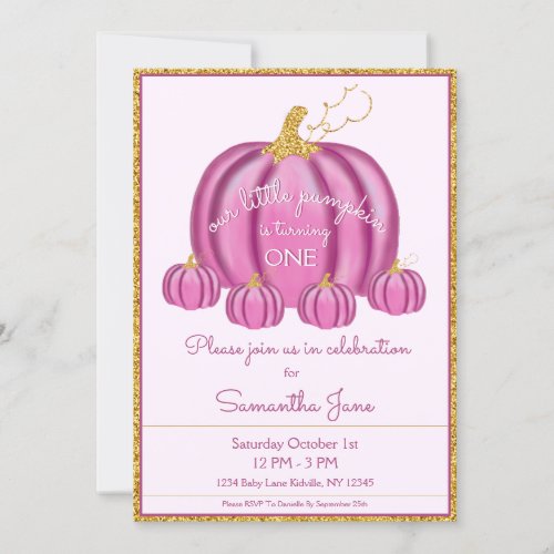 Pumpkin Pink and Gold Girl 1st Birthday Invitation