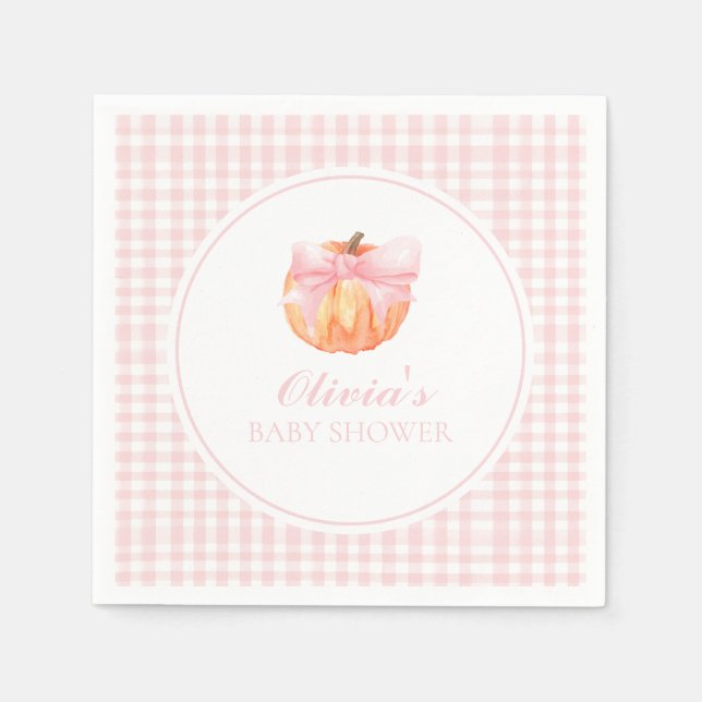 Pumpkin Pink bow and gingham baby shower Napkins (Front)