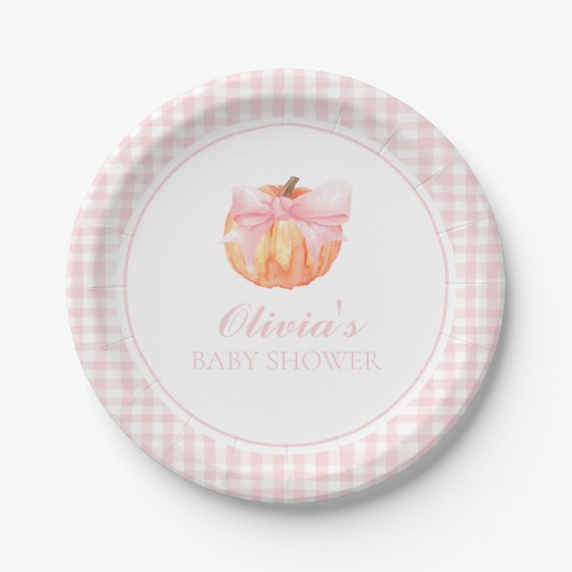 Pumpkin Pink bow and gingham baby shower Paper Plates (Front)