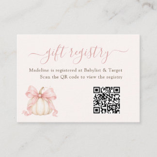Pumpkin Pink Bow Baby Girl Shower QR Gift Registry Enclosure Card