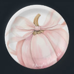 Pumpkin Pink Bow Baby Shower Paper Plates<br><div class="desc">This elegant and charming baby shower paper plates feature a beautiful watercolor illustration of a pumpkin with a delicate pink ribbon,  perfect for celebrating the upcoming arrival of a little one in the fall season.</div>