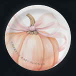 Pumpkin Pink Bow Baby Shower Paper Plates<br><div class="desc">This elegant and charming baby shower paper plates feature a beautiful watercolor illustration of a pumpkin with a delicate pink ribbon,  perfect for celebrating the upcoming arrival of a little one in the fall season.</div>