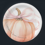 Pumpkin Pink Bow Baby Shower Paper Plates<br><div class="desc">This elegant and charming baby shower paper plates feature a beautiful watercolor illustration of a pumpkin with a delicate pink ribbon,  perfect for celebrating the upcoming arrival of a little one in the fall season.</div>