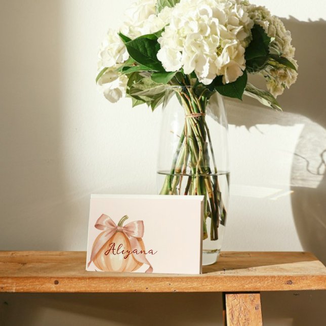 Pumpkin Pink Bow Baby Shower Table Name Card (Creator Uploaded)