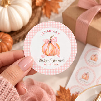 Pumpkin pink bow gingham baby shower classic round sticker
