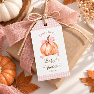 pumpkin pink bow gingham baby shower  gift tags