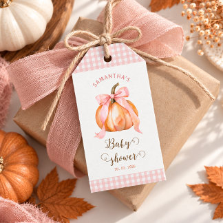pumpkin pink bow gingham baby shower gift tags