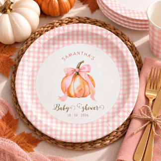 Pumpkin pink bow gingham baby shower paper plates
