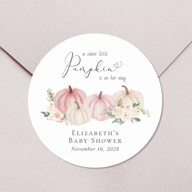 Pumpkin Pink Floral Baby Girl Shower Classic Round Sticker | Zazzle