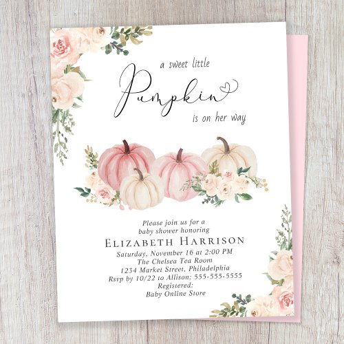 Pumpkin Pink Floral Baby Girl Shower Invitation