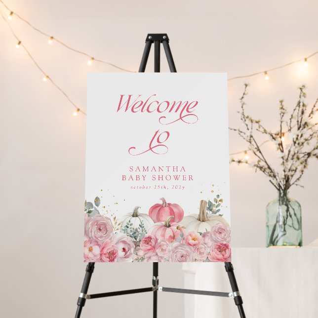 Pumpkin Pink Floral Baby Shower Welcome Sign (In Situ (Stand))