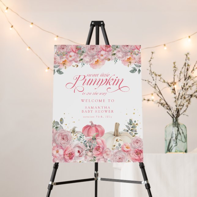  Pumpkin Pink Floral Baby Shower Welcome Sign (In Situ (Stand))