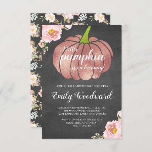 Pumpkin Pink Floral Chalkboard Girl Baby Shower Invitation