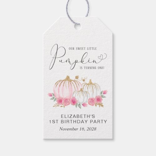 Pumpkin Pink Floral Girl 1st Birthday Thank You Gift Tags