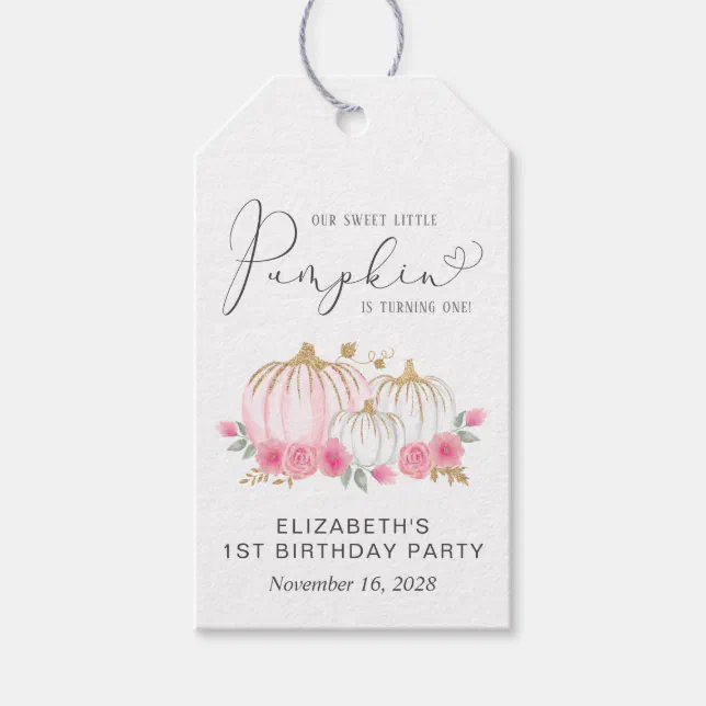 Pumpkin Pink Floral Girl 1st Birthday Thank You Gift Tags | Zazzle