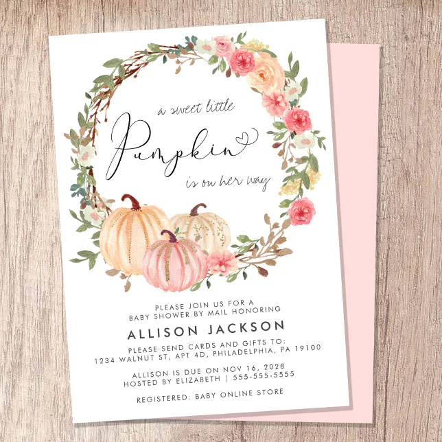 Pumpkin Pink Floral Girl Baby Shower By Mail Invitation | Zazzle