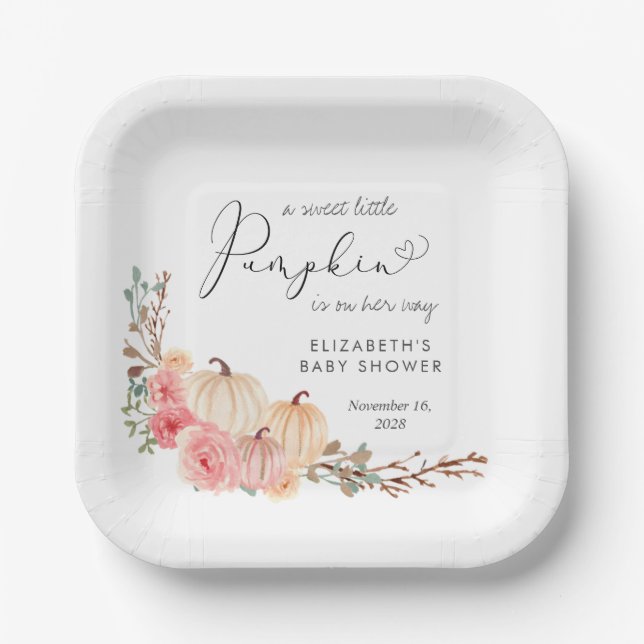 Pumpkin Pink Floral Girl Baby Shower Paper Plates (Front)