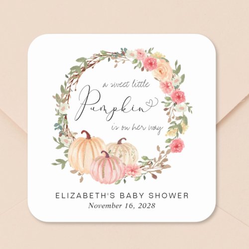 Pumpkin Pink Floral Girl Baby Shower Square Sticker