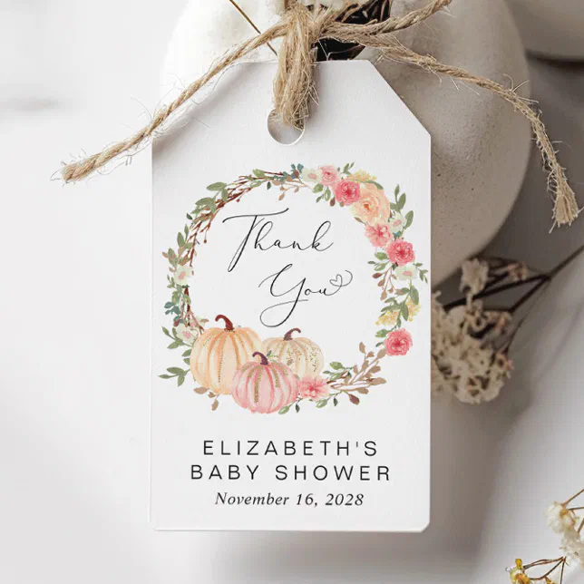 Pumpkin Pink Floral Girl Baby Shower Thank You Gift Tags | Zazzle