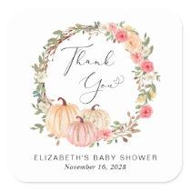 Pumpkin Pink Floral Girl Baby Shower Thank You Square Sticker