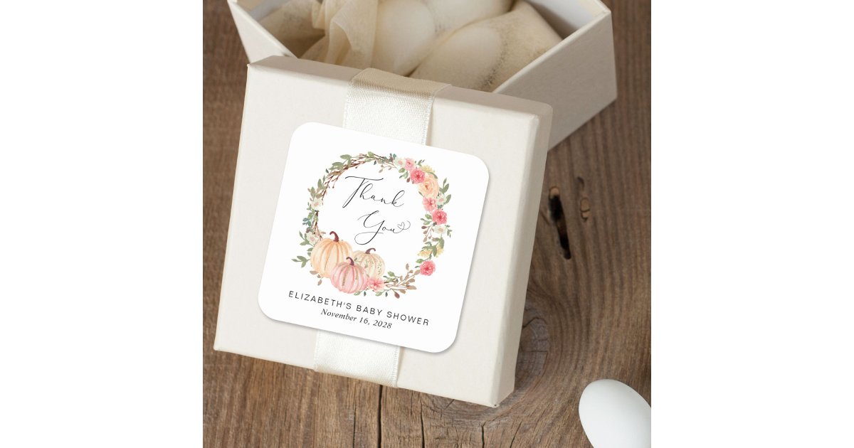 Pumpkin Pink Floral Girl Baby Shower Thank You Square Sticker | Zazzle