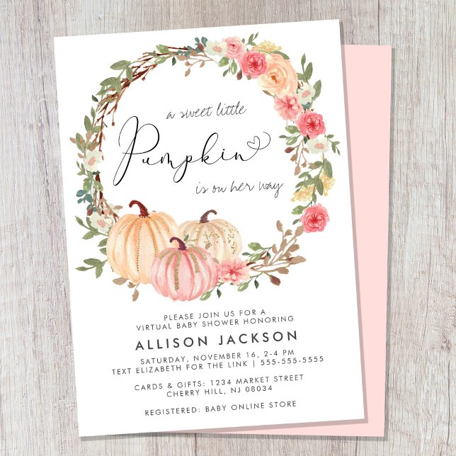 Pumpkin Pink Floral Girl Virtual Baby Shower Invitation (Celebrate the upcoming arrival of your sweet autumn baby with a pumpkin-themed virtual baby shower)